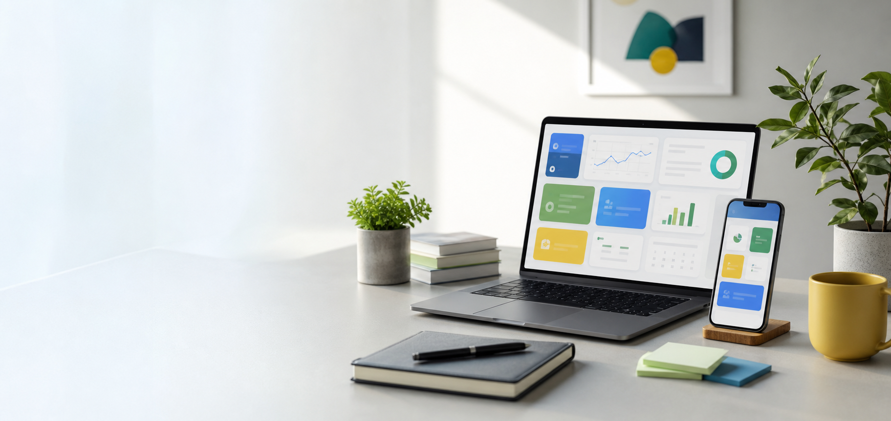 A calm desk scene with a laptop and phone showing abstract productivity app tiles.